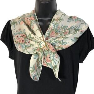 Floral Scarf 80s, Pink Green Flowers Gold Tone Closure Vintage Retro Coquette